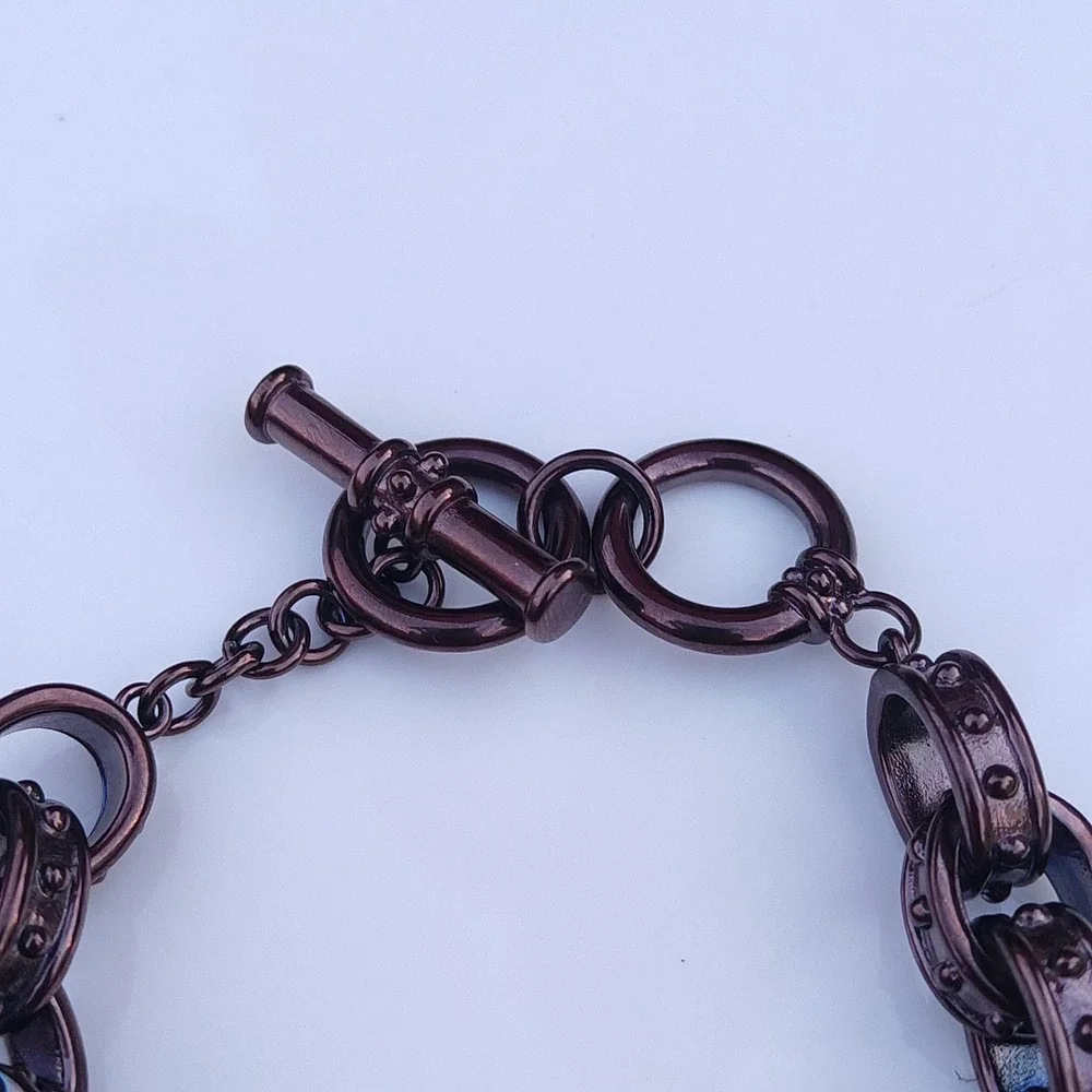 Kathy Van Zeeland Bronze Chunky Charm Bracelet Watch Fleur-de-Lis Crown Heart